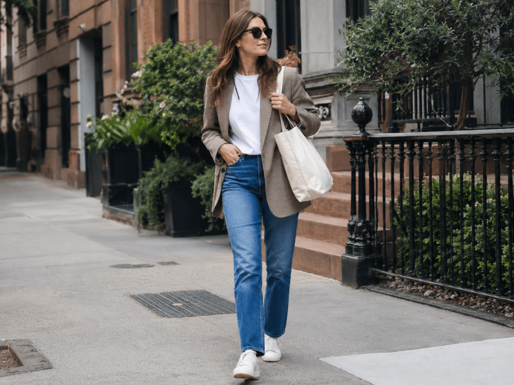 Woman wearing an American casualwear inspired outfit with jeans, blazer and trainers.