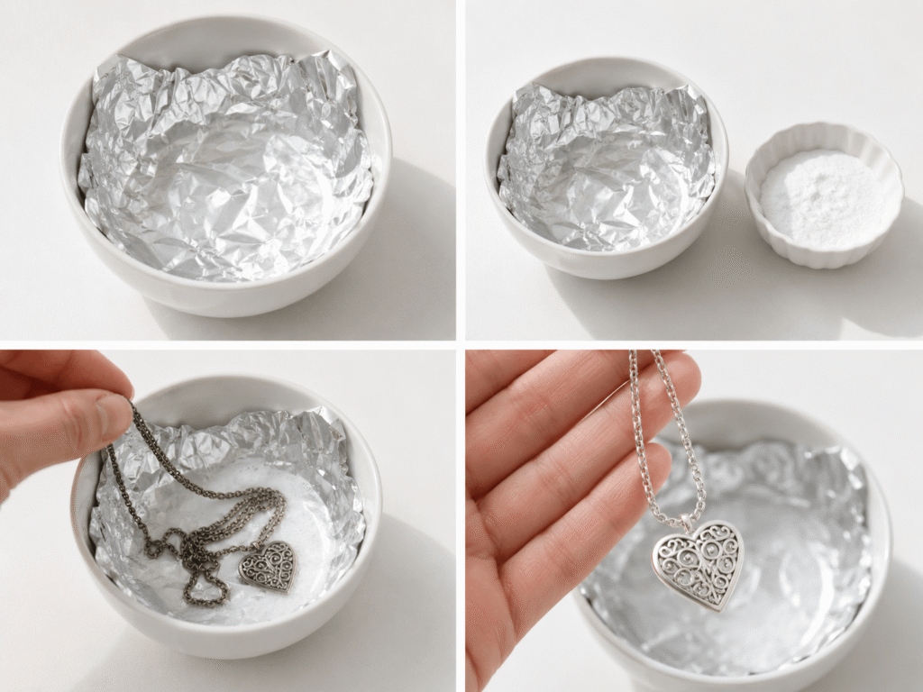 Step-by-step flat lay showing how to clean a tarnished silver necklace using baking soda and aluminium foil.
