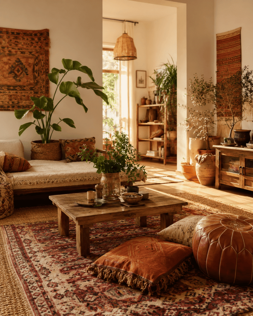 A relaxed bohemian living room with plants, woven textures, warm colors and layered rugs