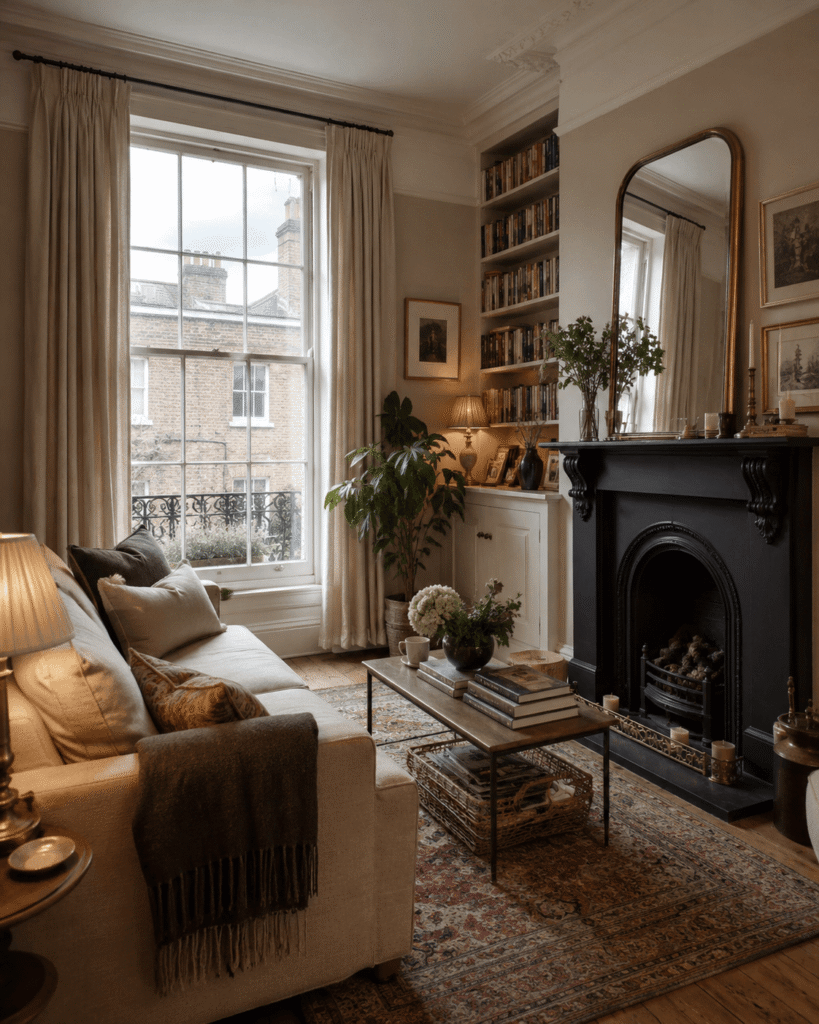 A small British flat living room with sash windows, period features and cozy home decor