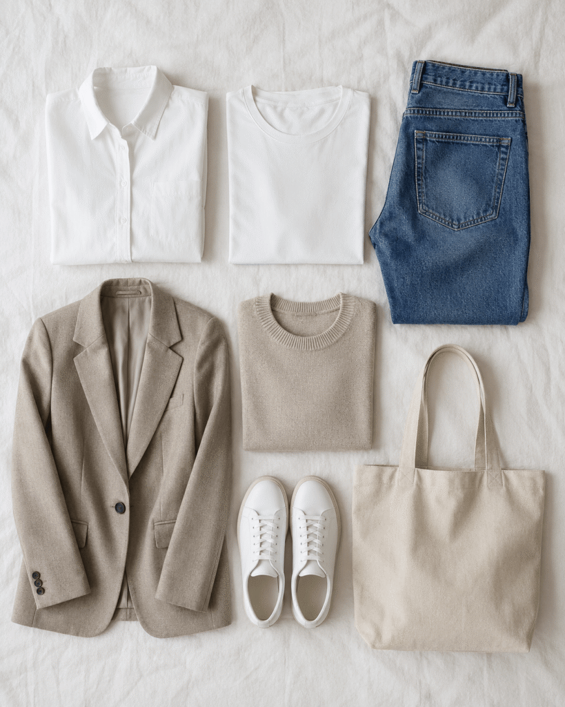 Flatlay of capsule wardrobe essentials including a white shirt, jeans, blazer, knit, trainers and tote bag.