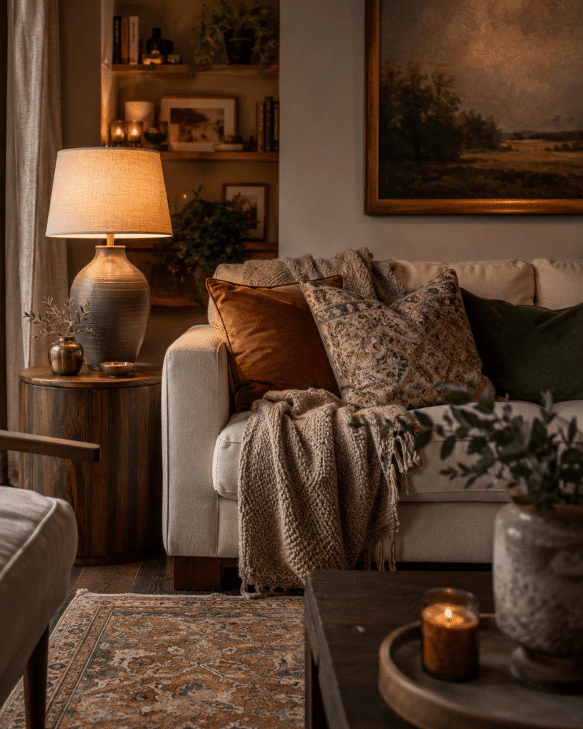 A calm living room with a lamp that fits beautifully with the room’s home decor aesthetic