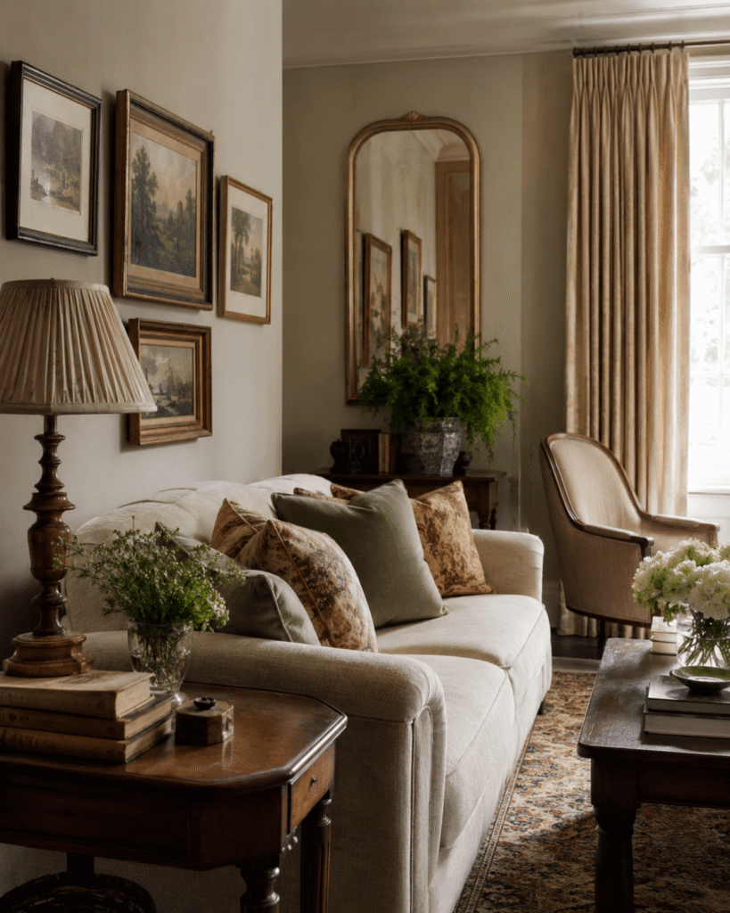 A classic traditional living room with framed art, soft lamps, wood furniture and cozy seating