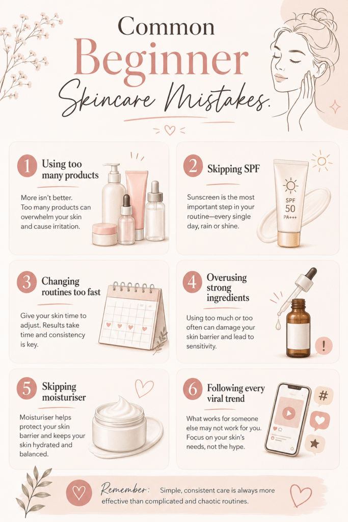 Pinterest-style graphic listing common beginner skincare mistakes to avoid