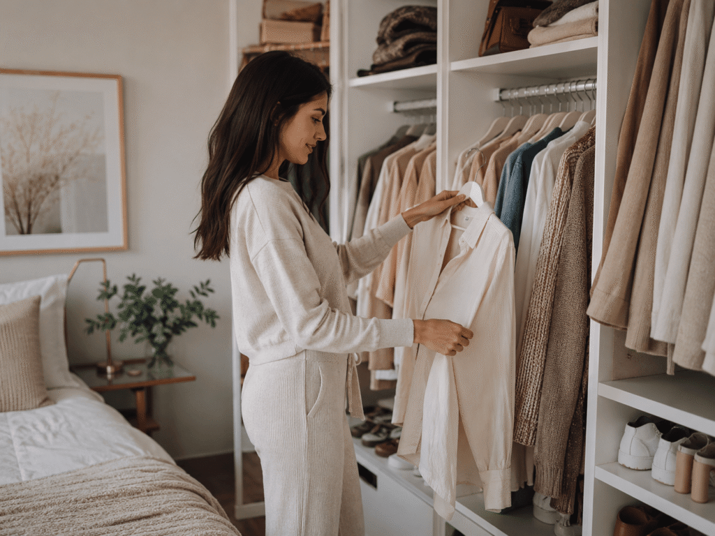 Confident woman choosing an outfit from an organized wardrobe after finding her personal style.