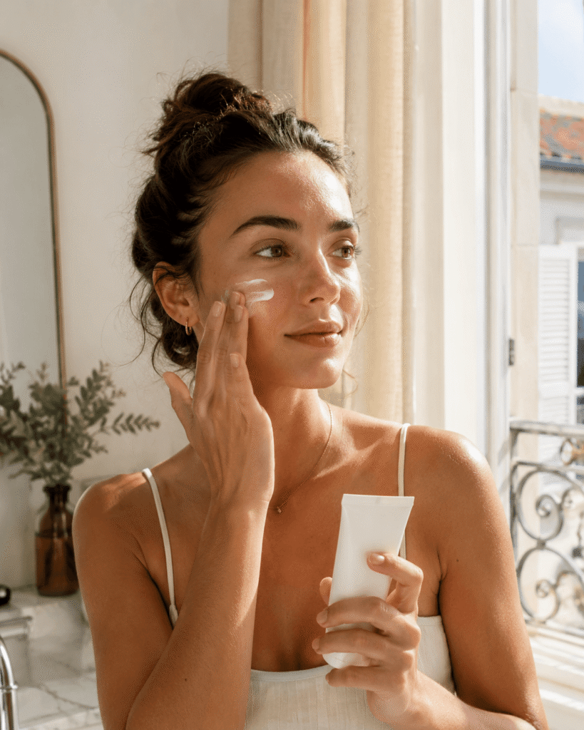 Woman applying SPF in the morning as the final step of her skincare routine