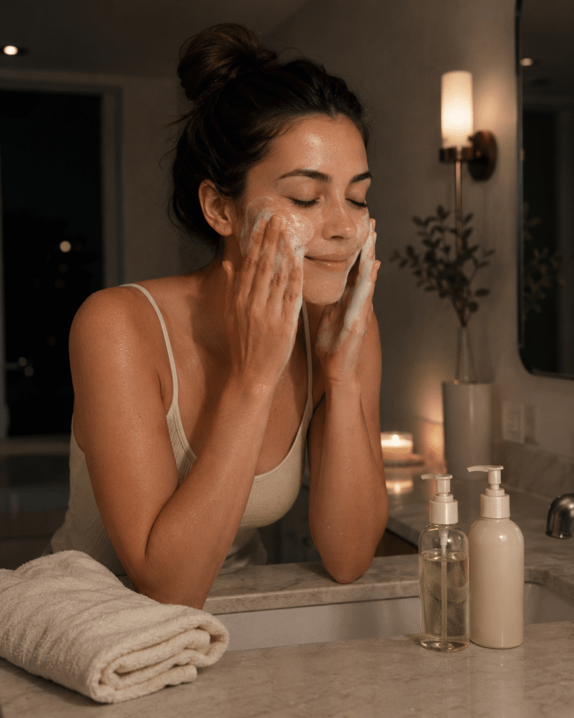 Woman double cleansing her face at night as part of a beginner skincare routine