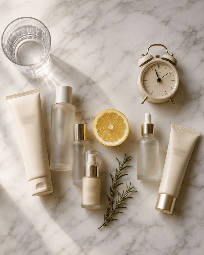 Overhead flat lay of skincare products, water, sunscreen, alarm clock, lemon, and rosemary on a white marble surface.