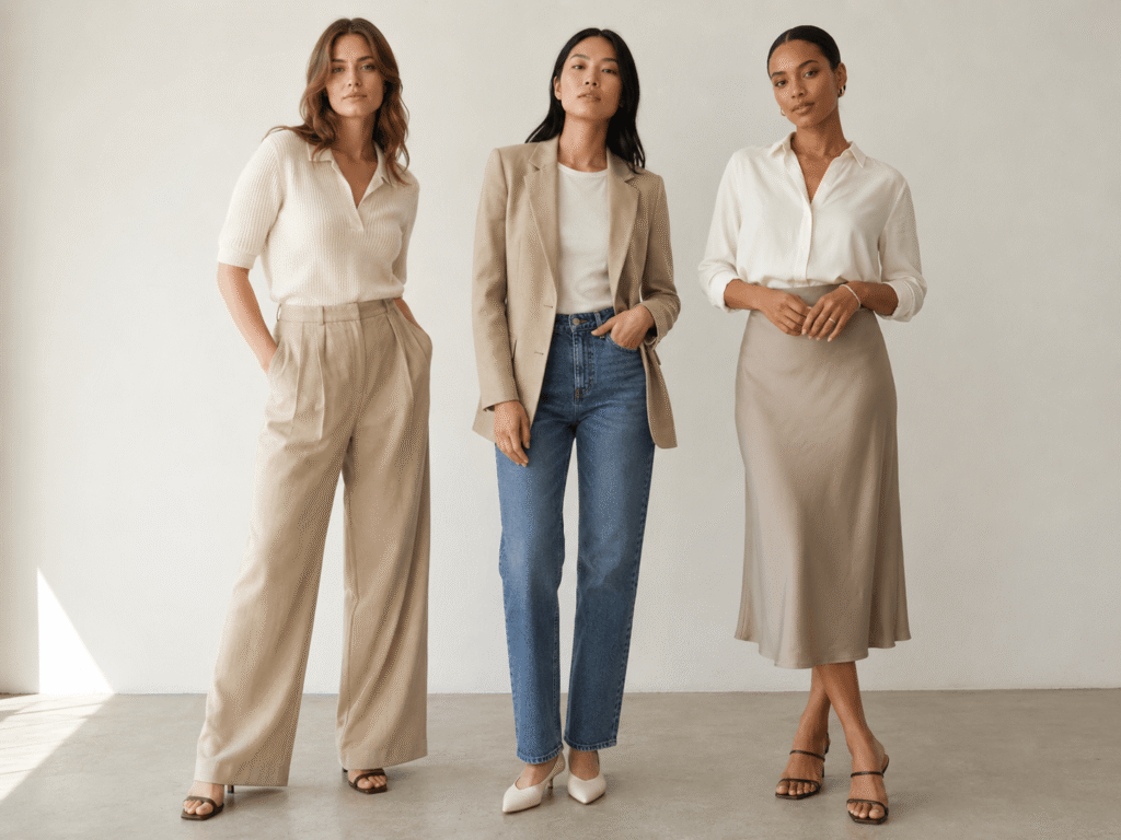 Three women wearing elegant relaxed and polished outfits for personal style inspiration.