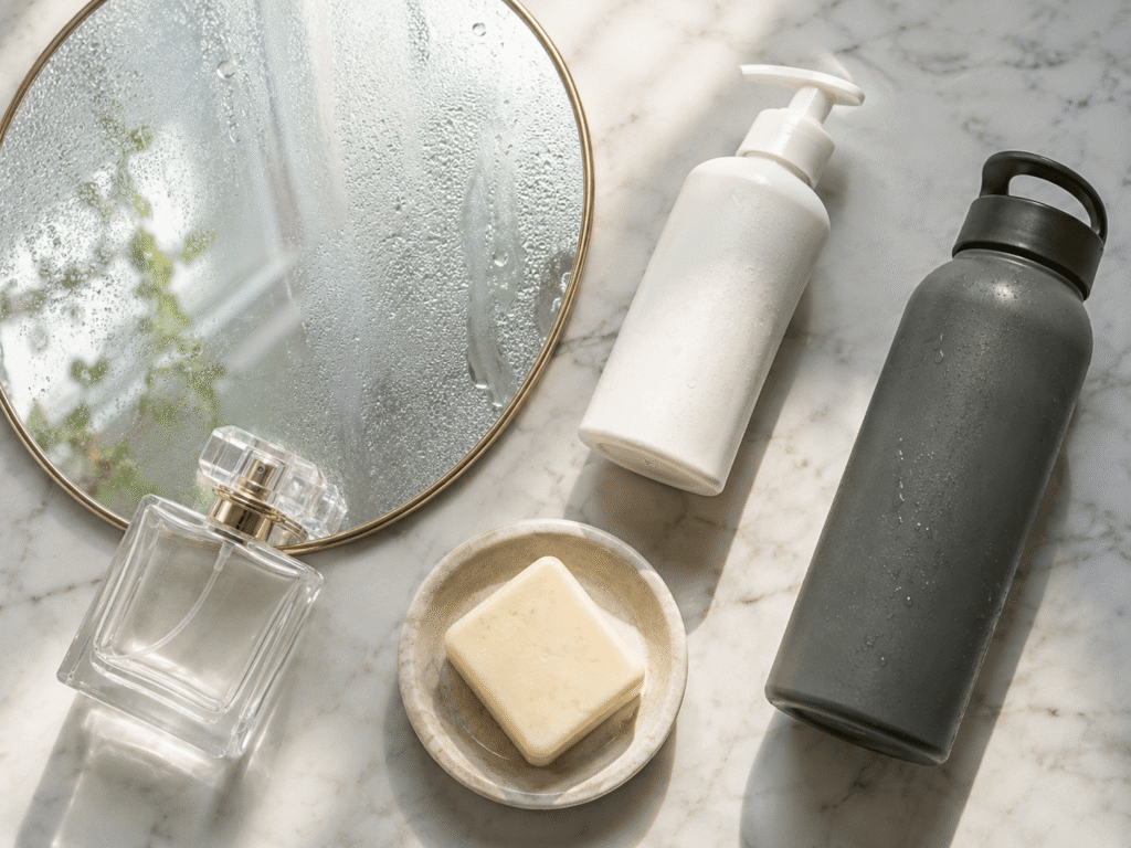 Flat lay of perfume, lotion, water bottle, steamy mirror and soap on a marble surface.