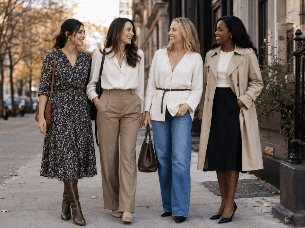 Women wearing feminine practical and polished outfits for everyday personal style.