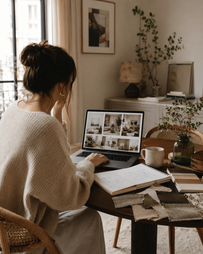 A woman reviewing home decor inspiration on a laptop with a notebook of style notes beside her