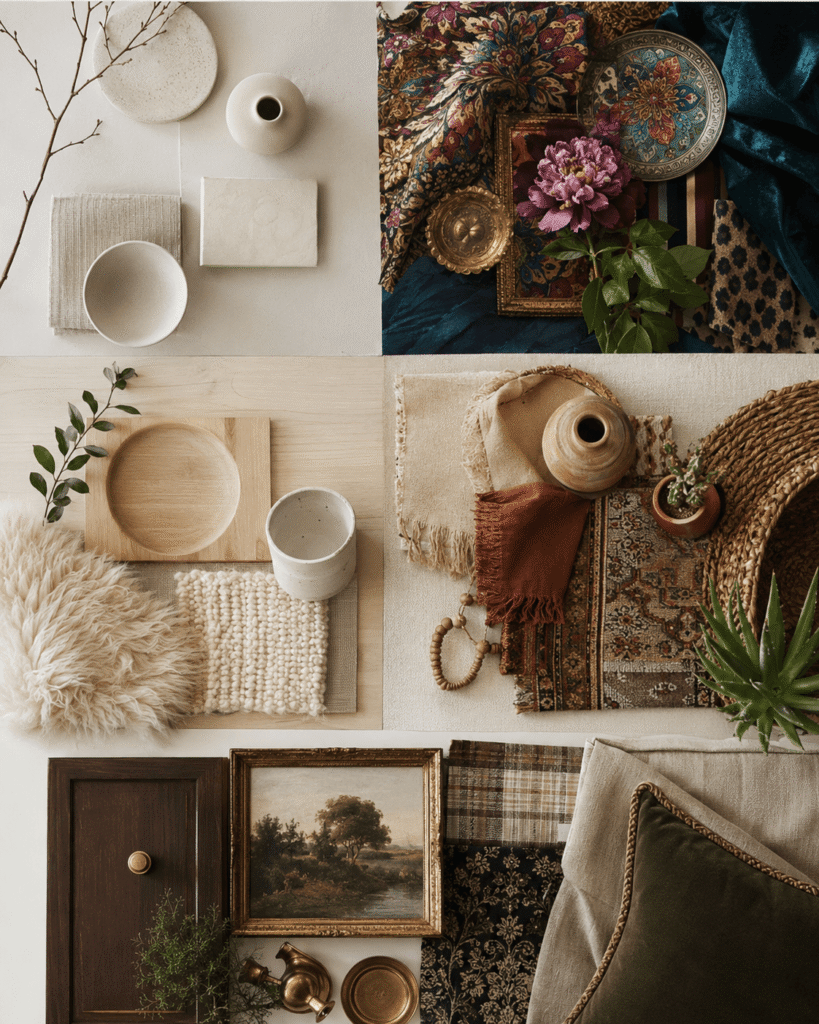 A mood board showing five different home decor aesthetics with fabric, wood, color and texture samples