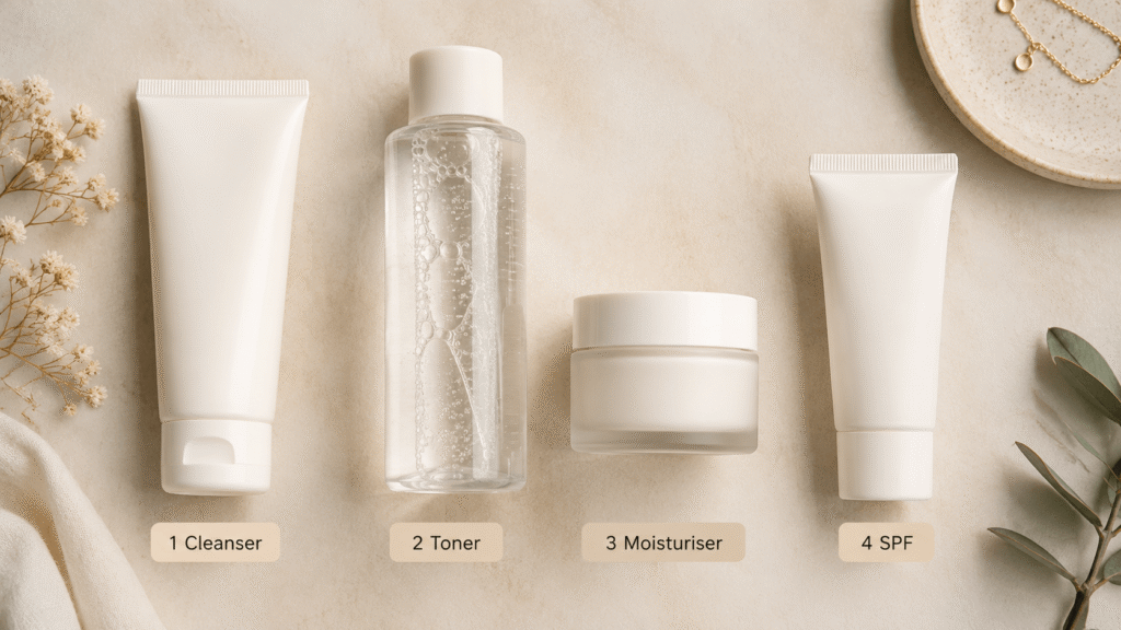 Cleanser toner moisturiser and SPF arranged in order for a beginner skincare routine