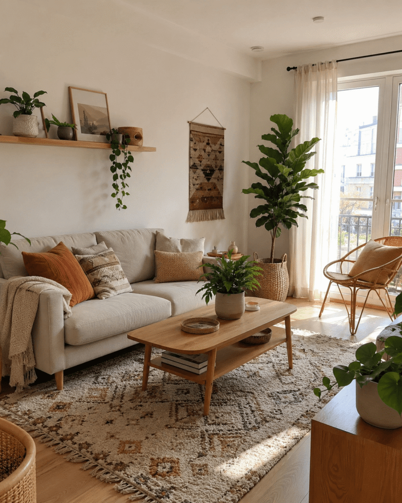 A living room blending Scandi and bohemian decor with light furniture, plants and woven textures