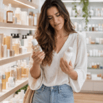 Woman feeling overwhelmed while choosing skincare products in a beauty aisle