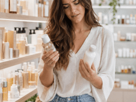 Woman feeling overwhelmed while choosing skincare products in a beauty aisle