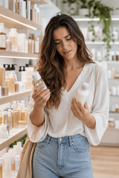 Woman feeling overwhelmed while choosing skincare products in a beauty aisle