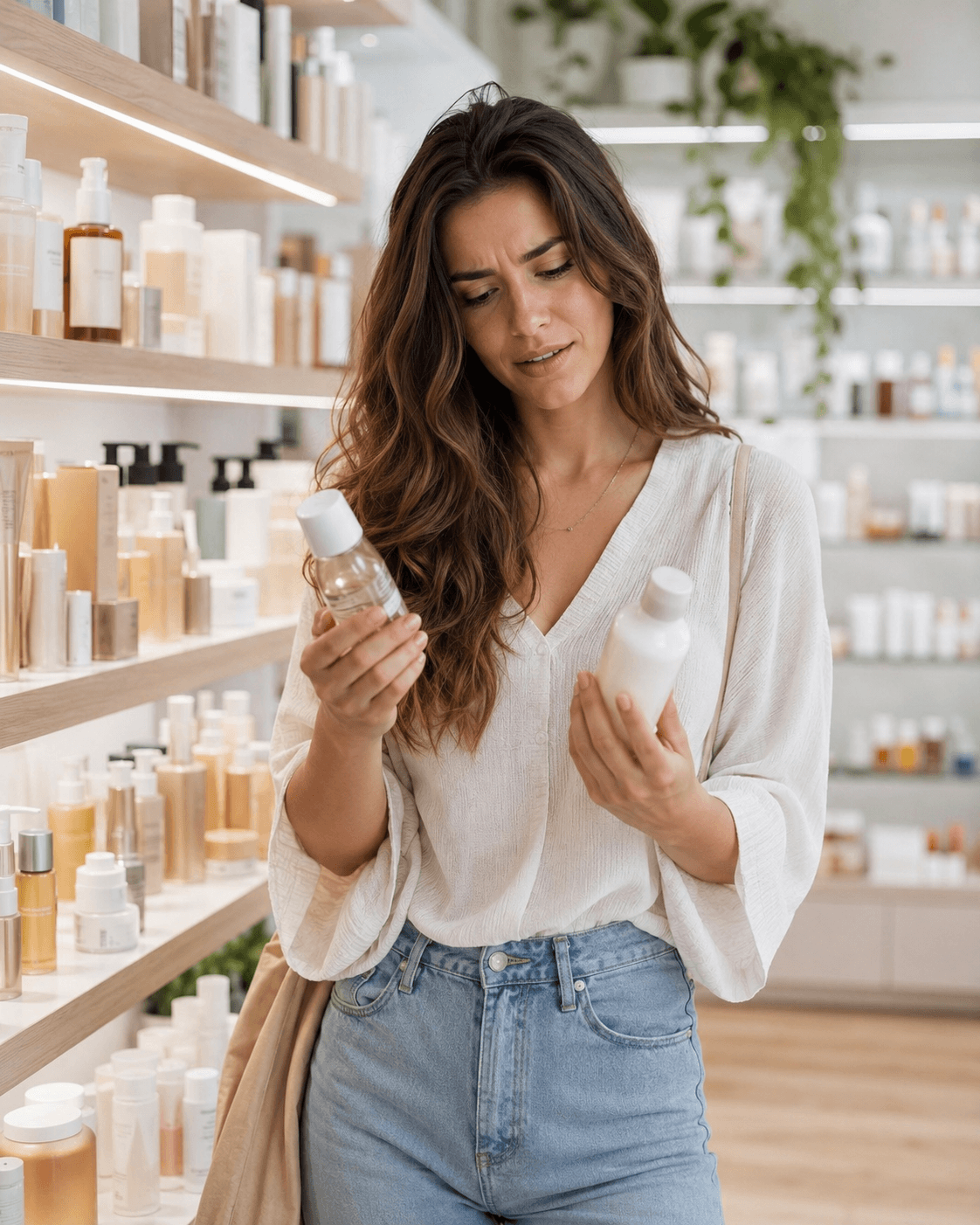 Woman feeling overwhelmed while choosing skincare products in a beauty aisle