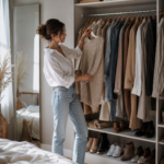 Woman choosing an outfit from a neutral wardrobe while finding her personal style