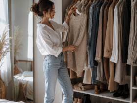 Woman choosing an outfit from a neutral wardrobe while finding her personal style