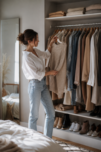 Woman choosing an outfit from a neutral wardrobe while finding her personal style