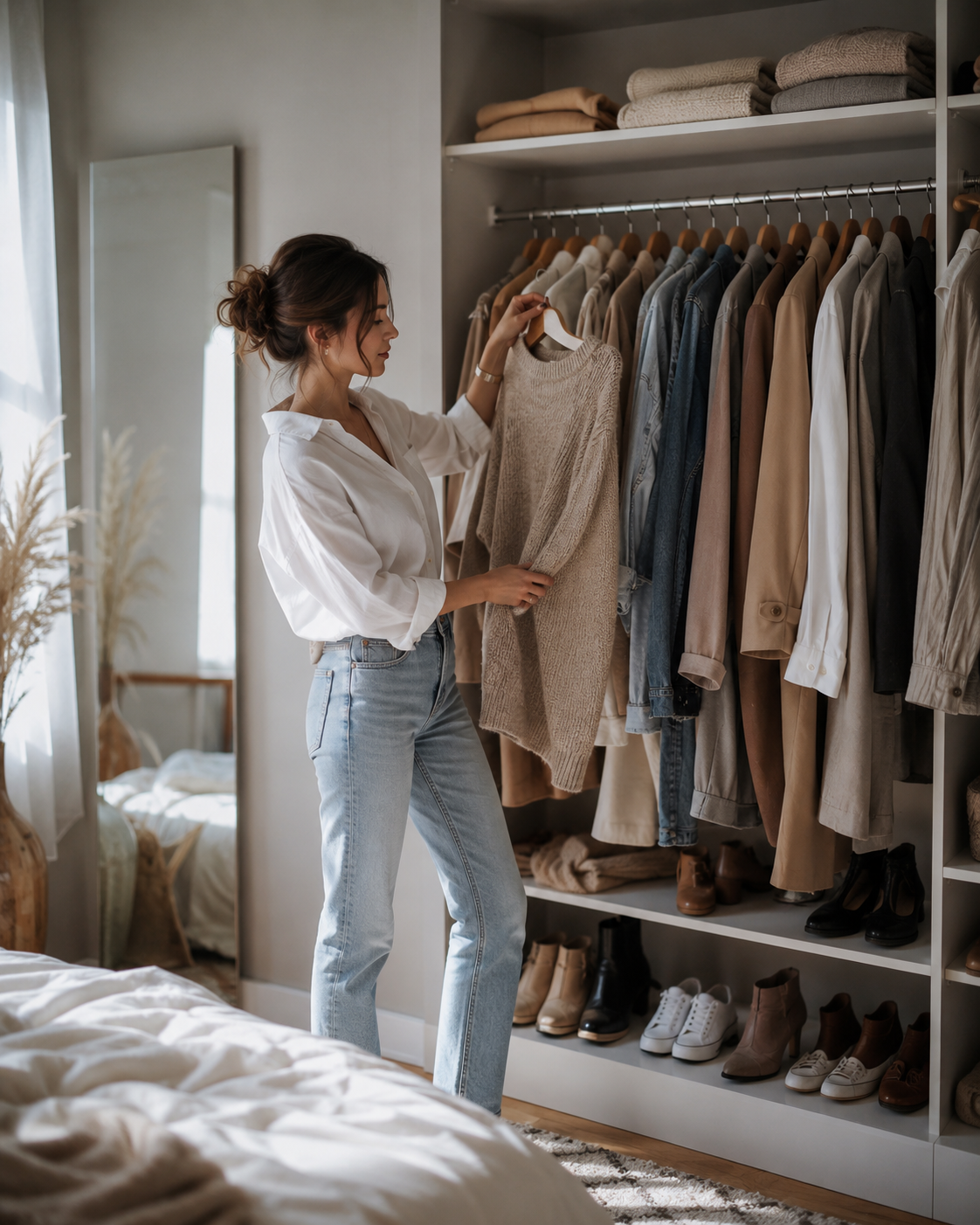 Woman choosing an outfit from a neutral wardrobe while finding her personal style
