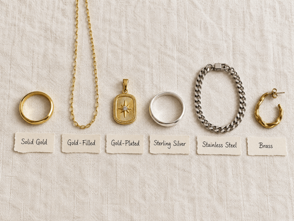 Flat lay of six jewelry pieces labeled solid gold, gold-filled, gold-plated, sterling silver, stainless steel and brass.