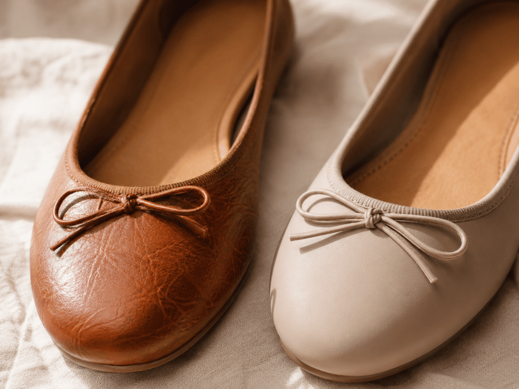 Close-up of two women’s ballet flats showing cognac genuine leather texture beside smooth matte synthetic material.