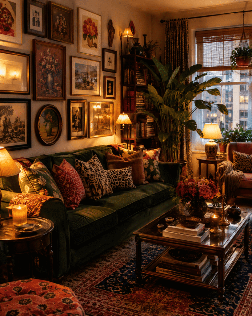 A colorful maximalist living room with patterned cushions, art, books and layered decor