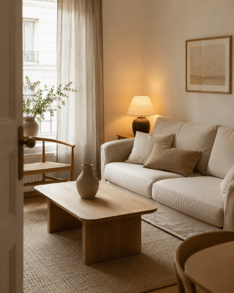 A calm minimalist apartment living room with soft colors, simple furniture and warm lighting