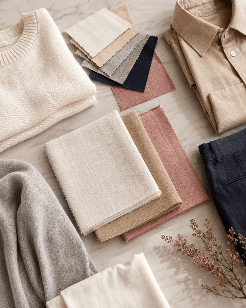 Neutral fabric swatches and folded clothing in ivory, camel, grey, navy and dusty rose.