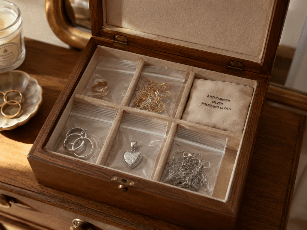 Jewelry stored in individual zip-lock bags with a soft anti-tarnish pouch inside a wooden jewelry box.