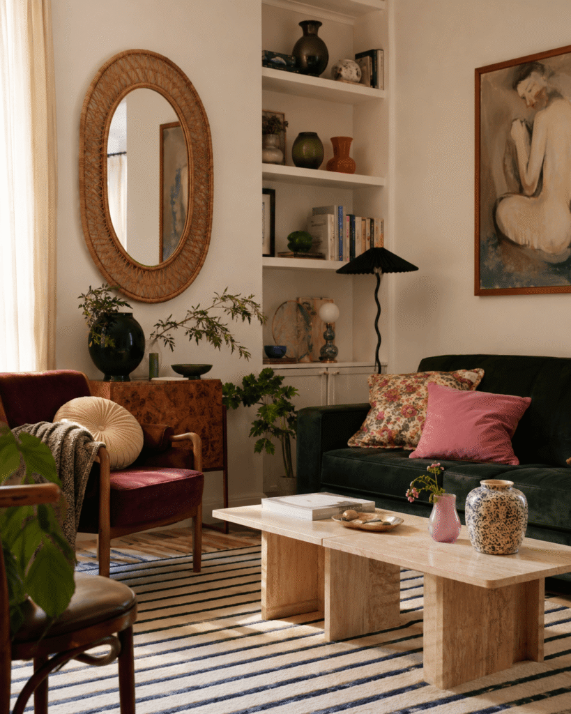 A living room with mixed home decor pieces that look individually pretty but disconnected together