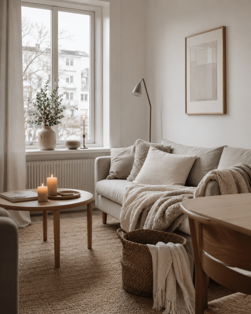 A light Scandi living room with pale wood, soft blankets, candles and simple furniture
