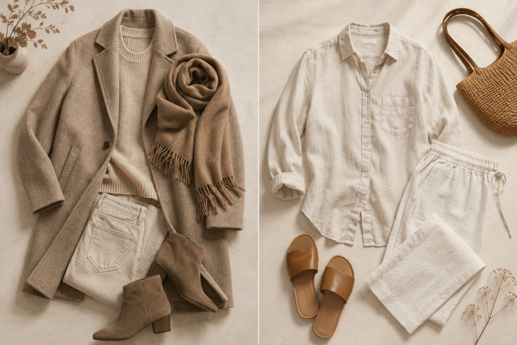 Side-by-side flatlay of neutral autumn winter and summer capsule wardrobe outfits.