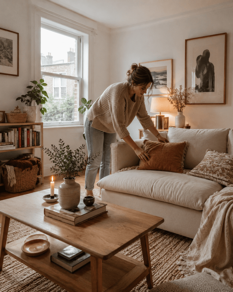 A woman rearranging lamps, cushions and decor pieces in her living room before buying anything new