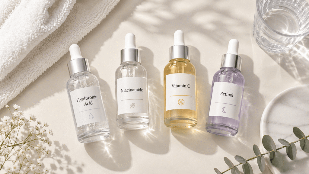 Four simple skincare ingredient bottles for hyaluronic acid niacinamide vitamin C and retinol