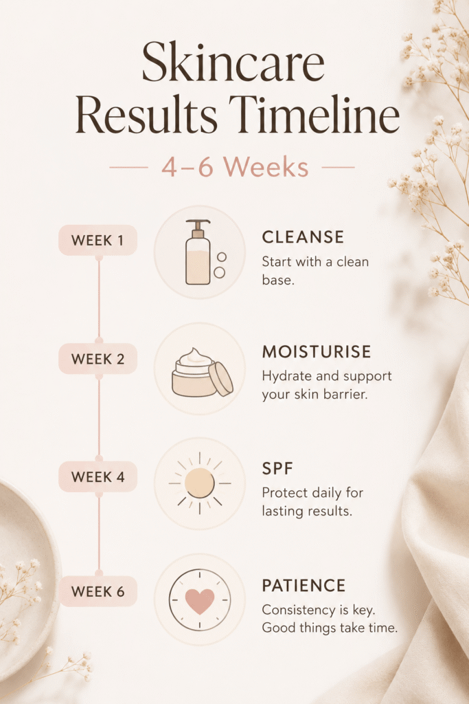 Simple skincare timeline showing results can take four to six weeks