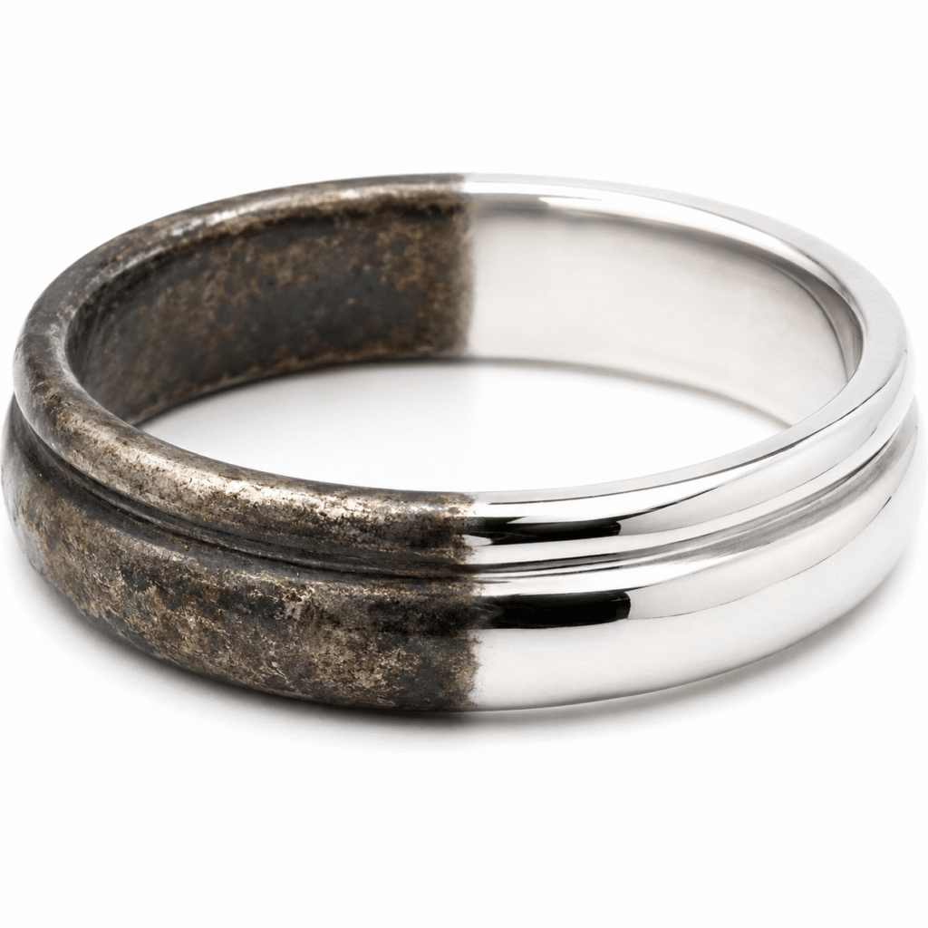 Close-up of a sterling silver ring with one tarnished half and one polished silver half on a white background.