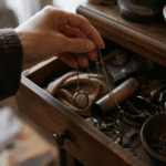 A woman’s hand pulling a tarnished silver necklace from a cluttered wooden drawer in soft natural light.