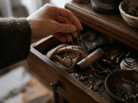 A woman’s hand pulling a tarnished silver necklace from a cluttered wooden drawer in soft natural light.