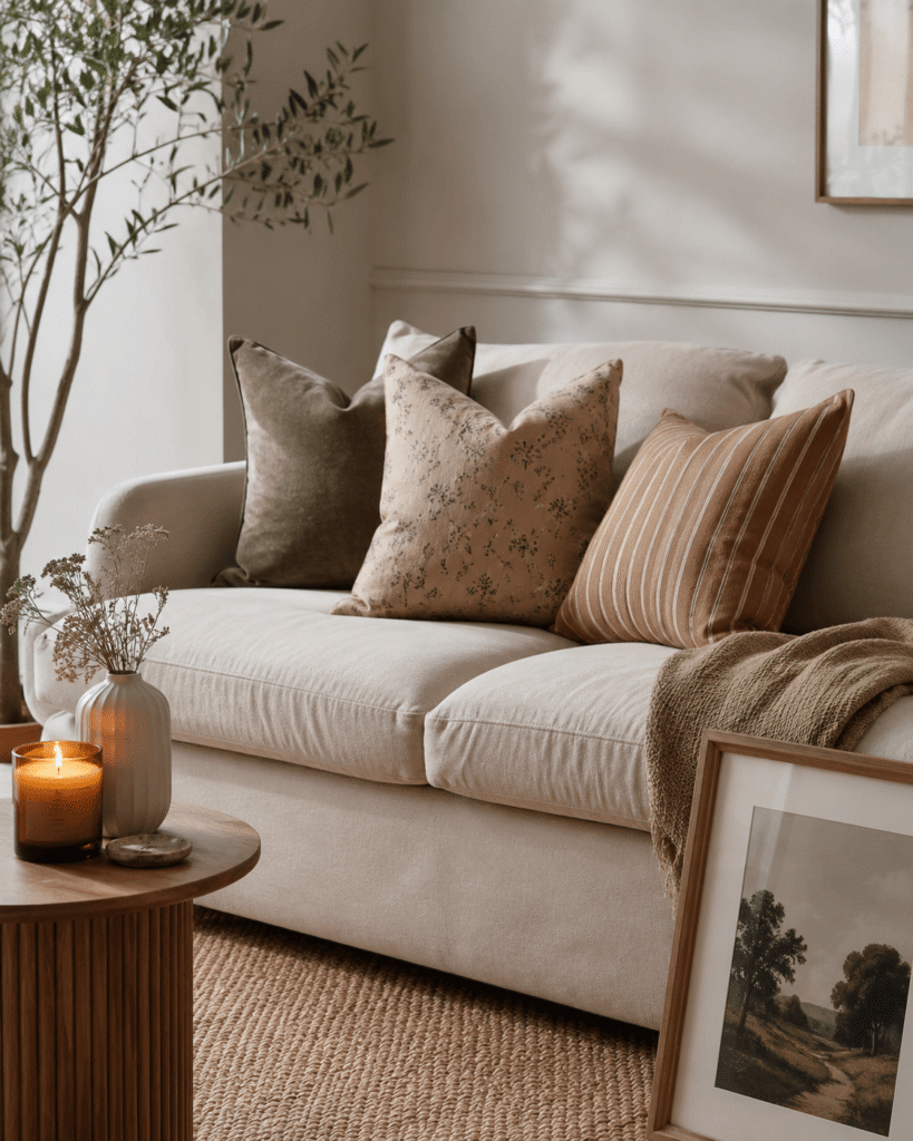 Throw cushions, candles and a framed print arranged on a sofa to test a home decor aesthetic