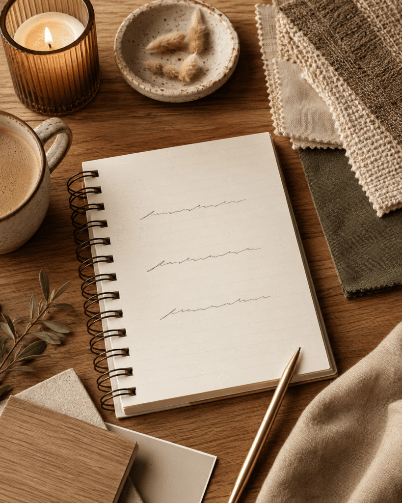 A notebook with three home style words beside candles, fabric samples and a cup of coffee