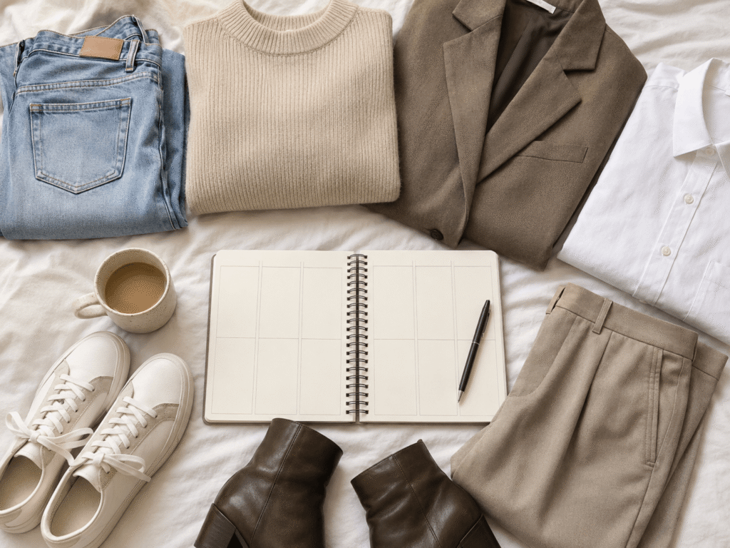 Weekly outfit planning setup with clothes, notebook and wardrobe pieces for finding personal style.