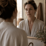 Why does my skin look dull — woman looking in bathroom mirror at dawn with flat, tired-looking skin