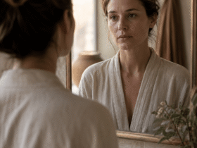 Why does my skin look dull — woman looking in bathroom mirror at dawn with flat, tired-looking skin