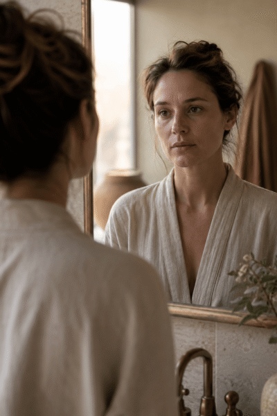 Why does my skin look dull — woman looking in bathroom mirror at dawn with flat, tired-looking skin