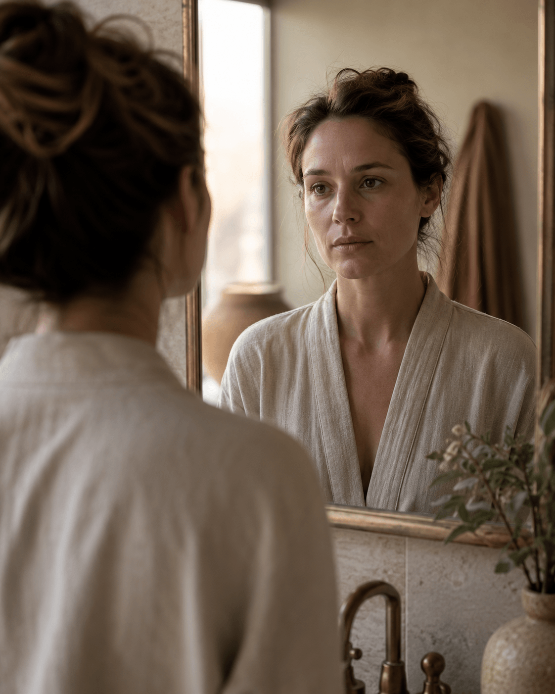 Why does my skin look dull — woman looking in bathroom mirror at dawn with flat, tired-looking skin