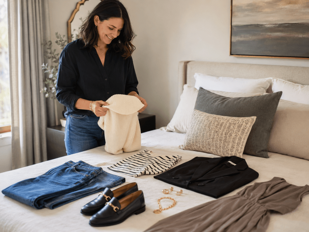 Woman arranging her favorite clothes to identify what she already loves and wears.